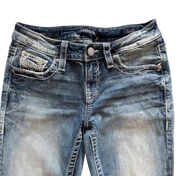 Vigoss Jeans Womens Sz 2 Blue Capri Embroidered pockets Skinny Boho Low Rise - Picture 3 of 16